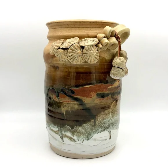 Large Pottery Crock Vase Hand Made Beads On Leather Dangle Applied Floral Relief - Picture 8 of 15